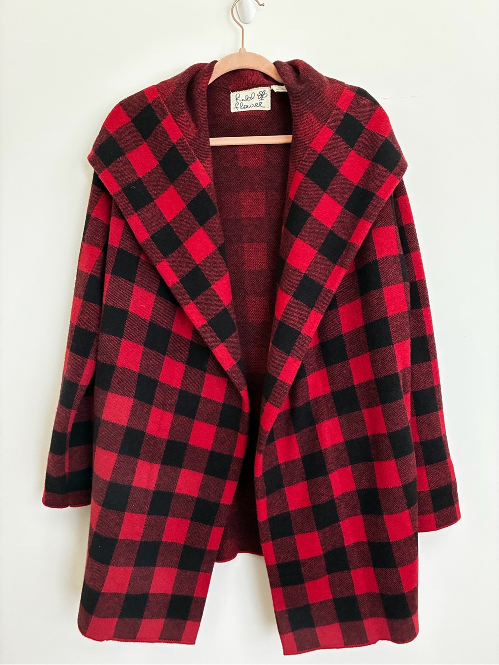Field Flower Red & Black Buffalo Plaid Open Wool Sweater knit Cardigan Coat